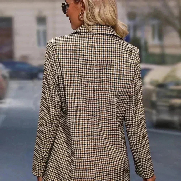 Apricot Elegant Women's Plaid Print Double Breasted Blazer - Picture 3 of 5